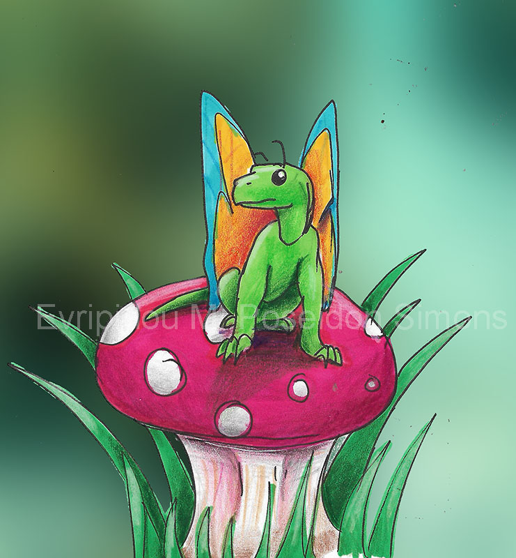 green fairy dragon on mushroom